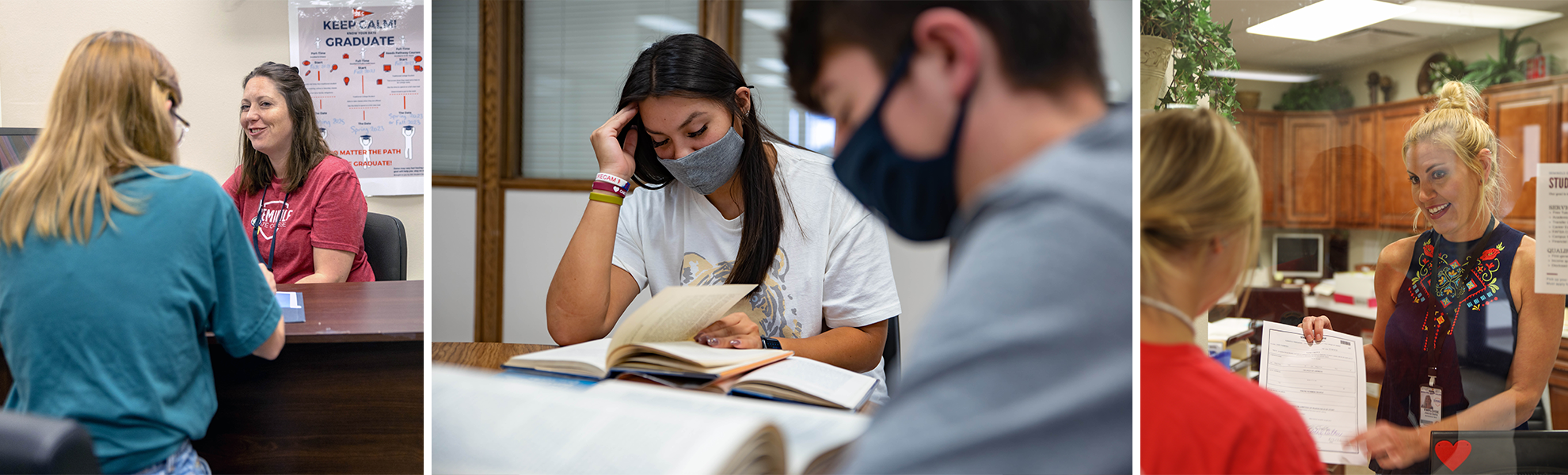 This collage of photos shows students talking with advisors and reviewing course material.